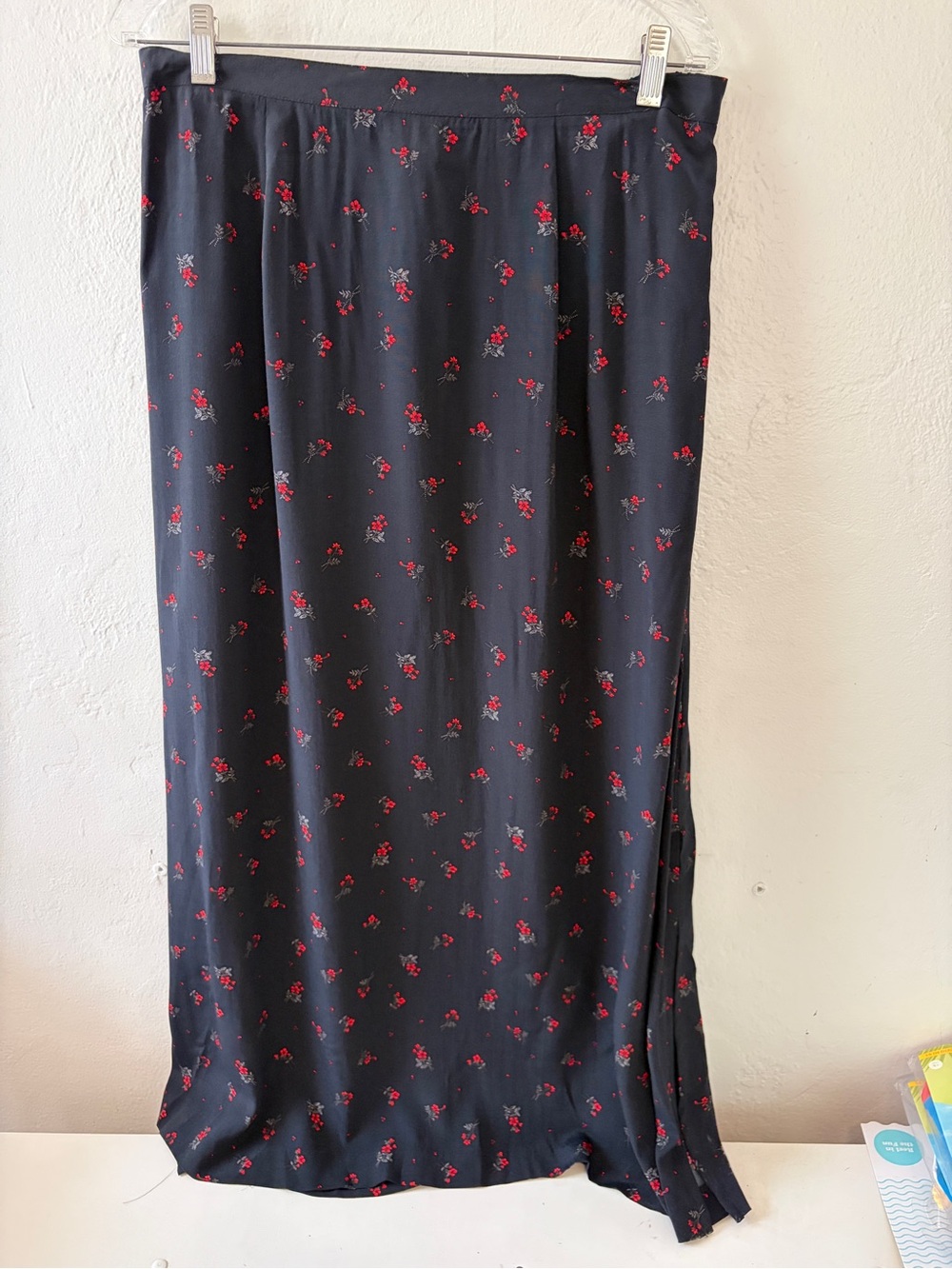 NWOT Black Maxi Skirt with Red Floral Print - Women's Long Skirt 05-04